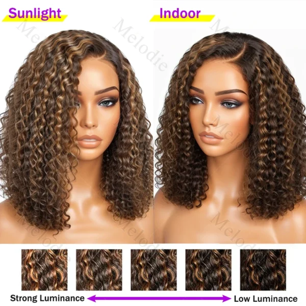 Melodie Short Bob Highlight HD Lace Frontal Human Hair Wigs Curly Blonde Front Wig Ombre Brown Deep Wave For Women 200 Density - Image 5