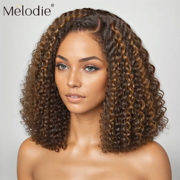 Melodie Short Bob Highlight HD Lace Frontal Human Hair Wigs Curly Blonde Front Wig Ombre Brown Deep Wave For Women 200 Density