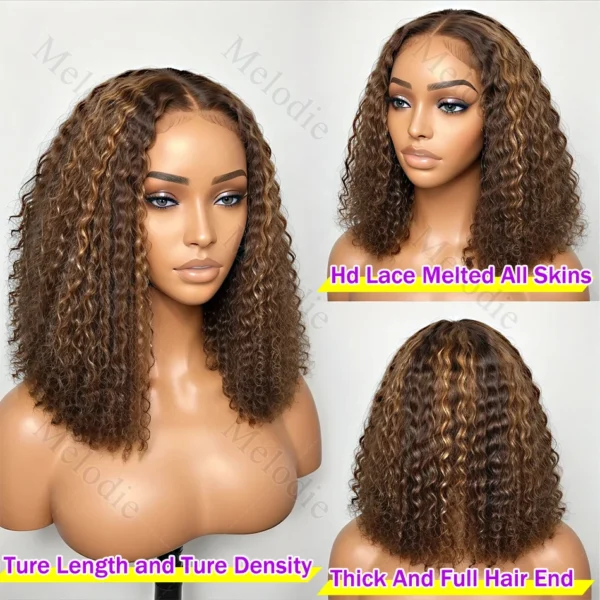 Melodie Short Bob Highlight HD Lace Frontal Human Hair Wigs Curly Blonde Front Wig Ombre Brown Deep Wave For Women 200 Density - Image 4