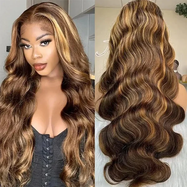 Tewjig 30 40 Inch Highlight 13x4 Lace Frontal Human Hair Body Wave Wigs 4/27 Color Water Wave Transparent Lace Front Wig