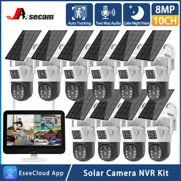 8MP Solar battery Camera Wireless Security System 12.5＂Monitor 10CH WiFi Home Surveillance NVR Kits Outdoor CCTV IP PTZ Cam Set