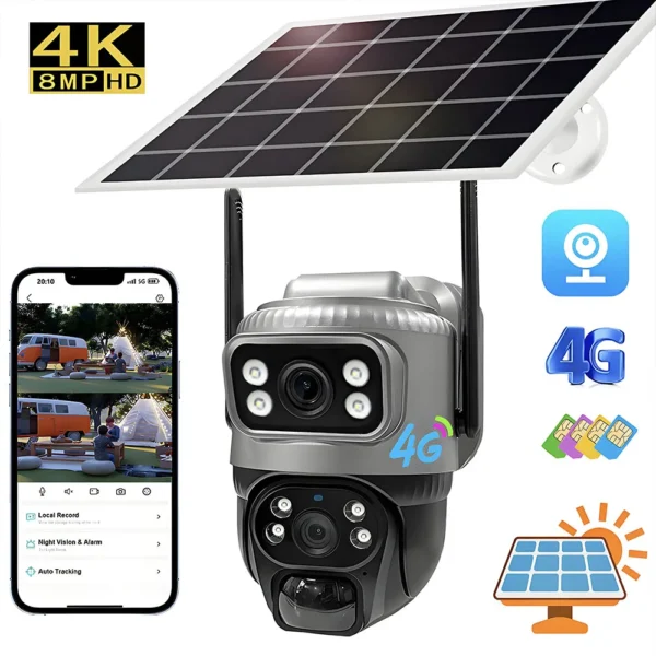 Solar Camera Outdoor Dual Lens 8MP 4G SIM IP 8000mAh Batteries Wireless Video Surveillance V380 Security Protection 360 CCTV