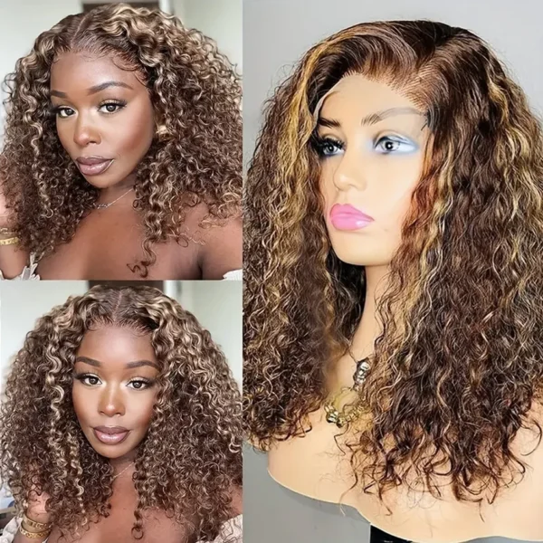 250 Density 4/27 highlight ombre deep wave Transparent 13x4 13x6 Lace Frontal Human Hair Wig curly Short bob Lace Wigs For Women - Image 4