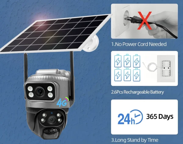 Solar Camera Outdoor Dual Lens 8MP 4G SIM IP 8000mAh Batteries Wireless Video Surveillance V380 Security Protection 360 CCTV - Image 5