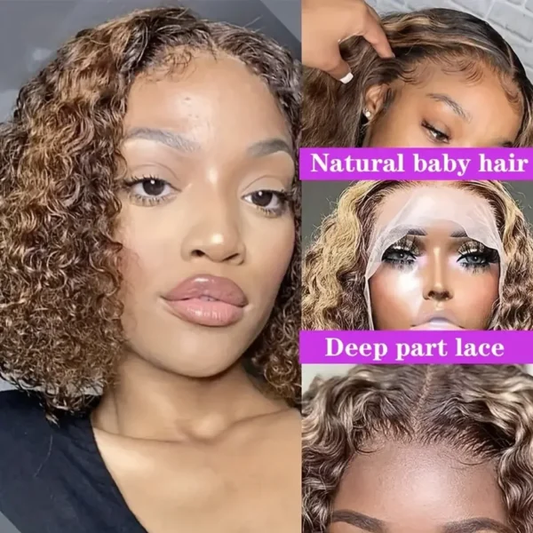 250 Density 4/27 highlight ombre deep wave Transparent 13x4 13x6 Lace Frontal Human Hair Wig curly Short bob Lace Wigs For Women - Image 3