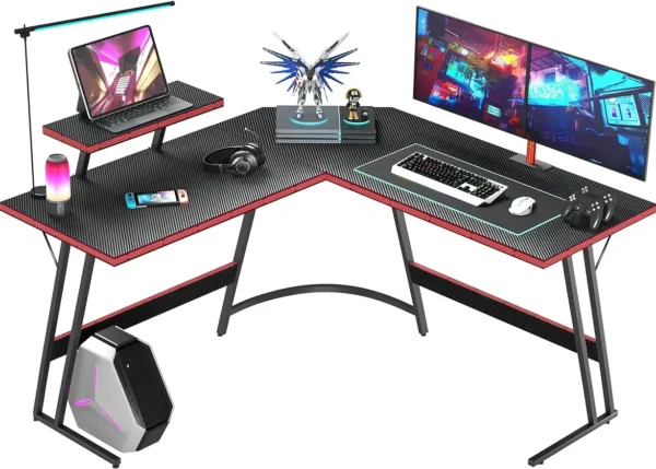 L Shaped Gaming Desk, 51 Inch Computer Corner Table with Large Monitor Stand & Carbon Fiber Surface, Black