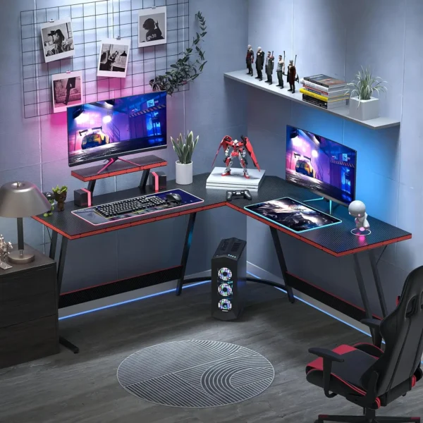 L Shaped Gaming Desk, 51 Inch Computer Corner Table with Large Monitor Stand & Carbon Fiber Surface, Black - Image 2