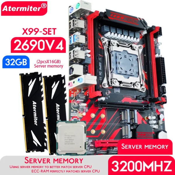 Atermiter X99 D4 Motherboard Set with Xeon E5 2690 V4 LGA2011-3 CPU 2pcs X 16GB = 32GB 3200MHz DDR4 REG ECC RAM Memory WIFI